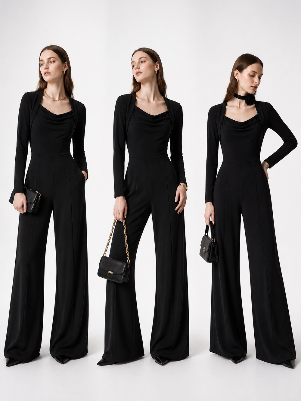 HALARA Black Long-Sleeve Wide-Leg Jumpsuit with Draped Neckline - Picture 9 of 9